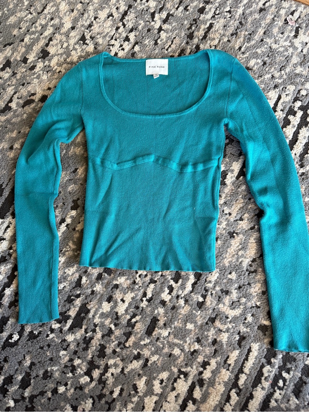 PINK ROSE Teal Ribbed Scoop Neck Top